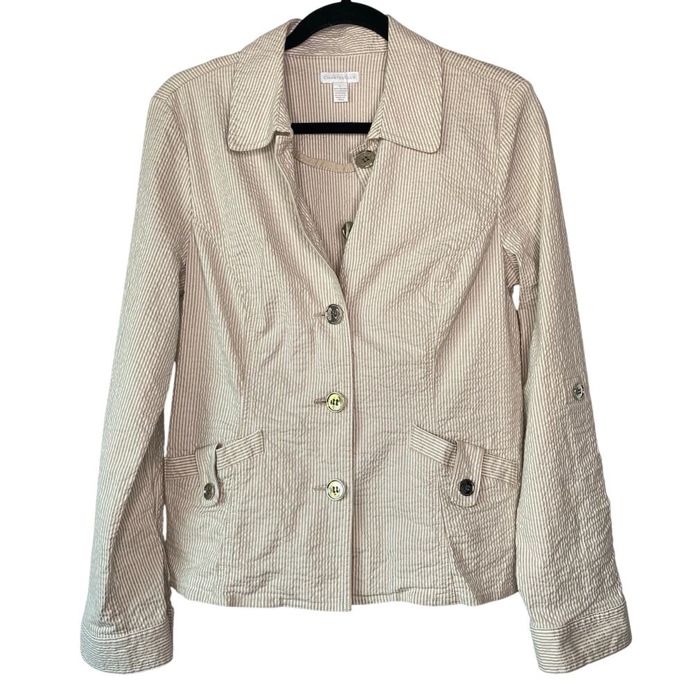 Charter Club Tan Pinstripe Button Up Shacket Size Large Preppy Light Academia